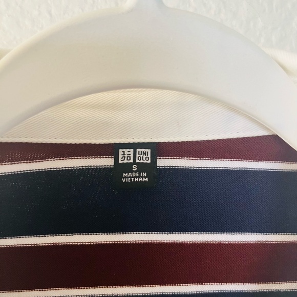 Uniqlo Navy and Burgundy Striped Polo Top with White Collar - Picture 3 of 7
